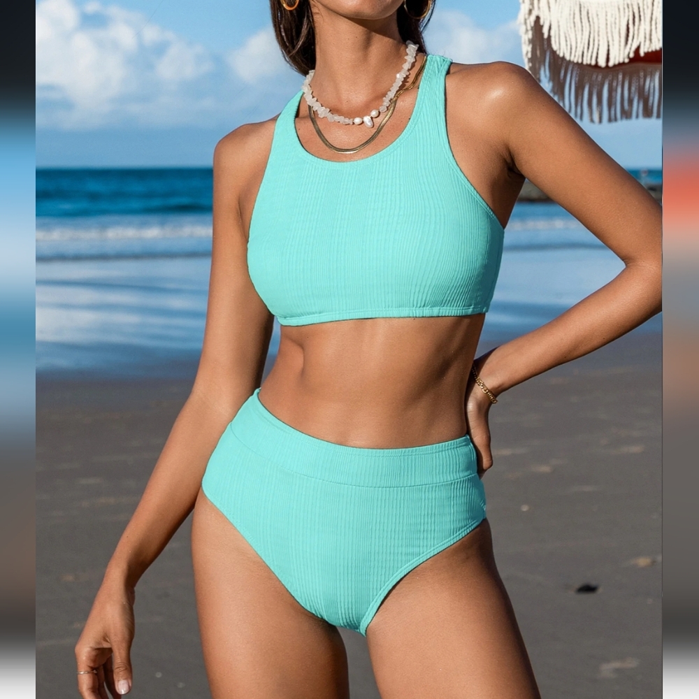 Cupshe Mint Green Ribbed High-Waist Bikini Set